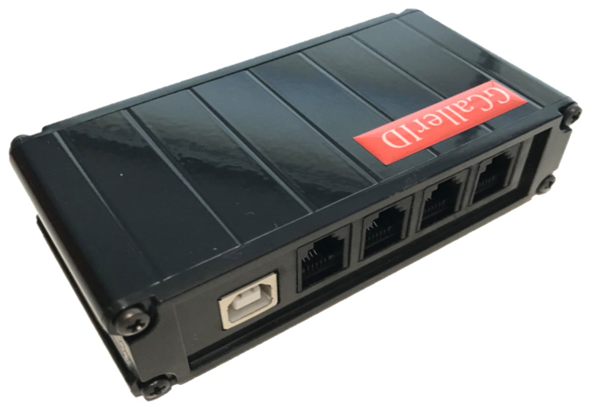 GCallerID 4Hat arka görünüm, USB ve dört RJ11 girişi